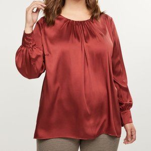 Lane Bryant Gathered Neck Long Sleeve Satiny Blouse Brick Red Burgundy Size 18